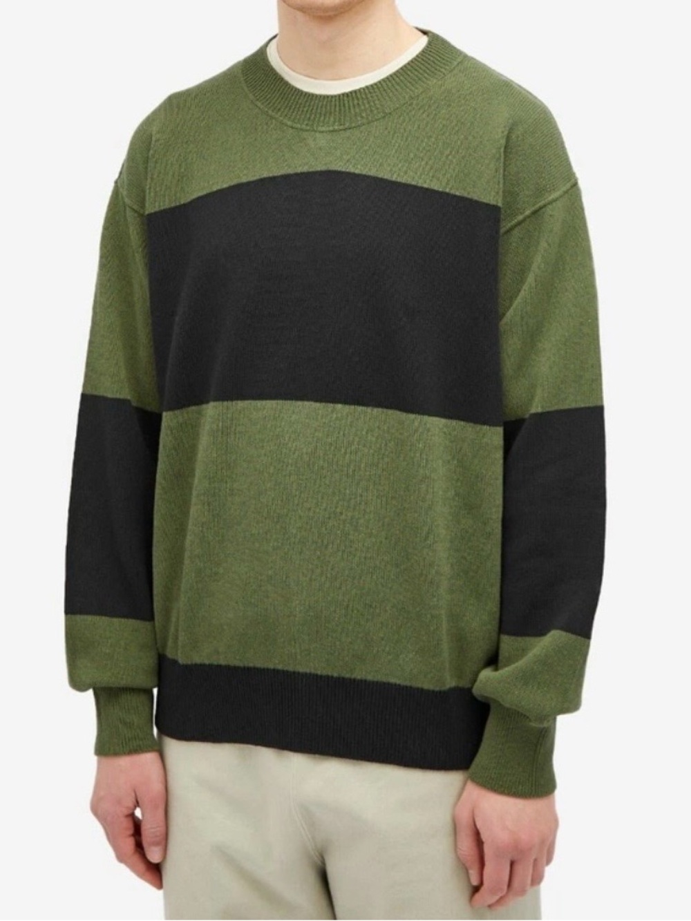 MHL Margaret Howell Olive Green and Black Striped Crewneck Sweater
